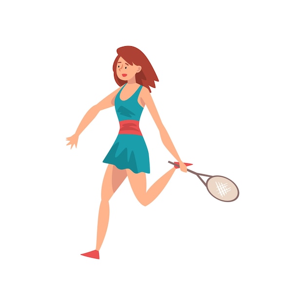 Jugadora de tenis con raqueta en la mano personaje de deportista profesional en acción ilustración vectorial sobre fondo blanco