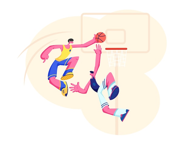 Jugadores de baloncesto en acción. Ataque al hombre poniendo la pelota en la canasta, prevención del defensor. Presentación del equipo deportivo en el torneo profesional