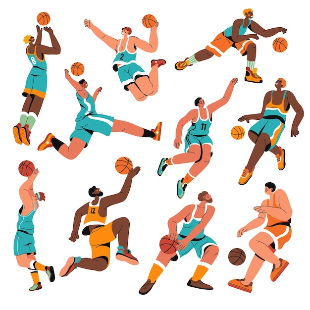 Vector jugadores de baloncesto deportistas en vector de movimiento