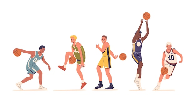Jugadores de baloncesto enérgicos en varias posturas dinámicas capturando la esencia del deporte