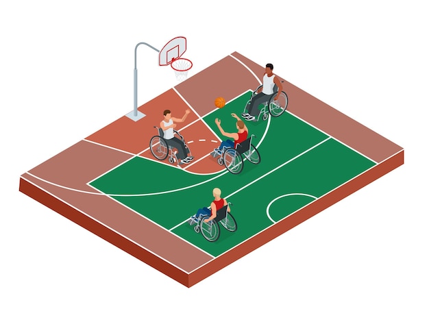 Jugadores de baloncesto de hombres discapacitados sanos activos isométricos en silla de ruedas vector de fondo de ilustración de concepto de deporte detallado.