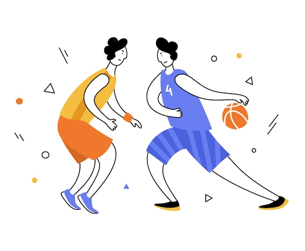 Jugadores de baloncesto con pelota. Personaje de acción de dibujos animados. Vector dibujado a mano plana. Campeonato masculino