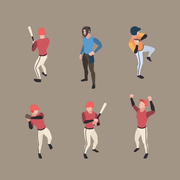 Jugadores de béisbol. Gente del deporte corriendo bases lanzador béisbol vector personajes isométricos en poses de acción. Ilustración jugador de béisbol, lanzador y receptor