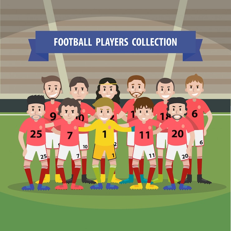 Vector jugadores de equipo de fútbol de carácter en campo de fútbol de fondo