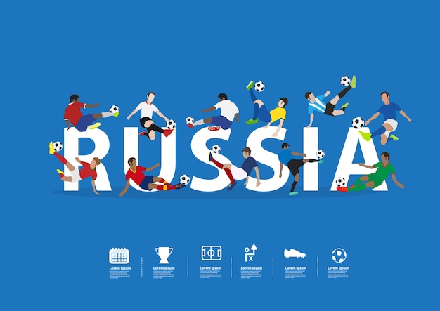 Vector jugadores de fútbol en acción sobre el texto de rusia