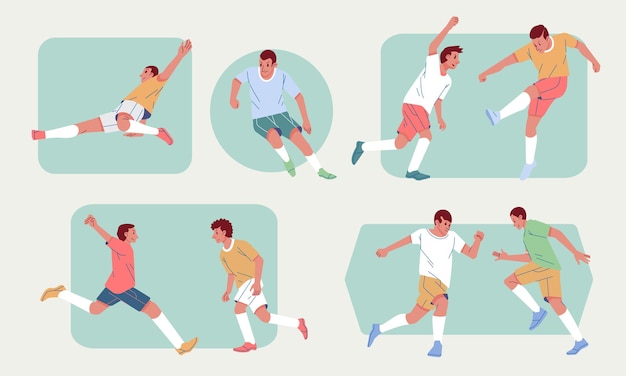 Jugadores de fútbol en acción varias poses establecer ilustración de vector de estilo de diseño plano