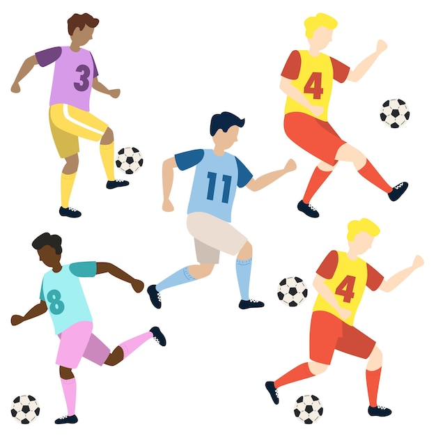 Jugadores de fútbol chicos pateando la pelota personajes de dibujos animados planos ilustración vectorial aislado en blanco