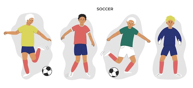 Los jugadores de fútbol establecen hombres deportivos jugando al fútbol europeo corriendo con la pelota