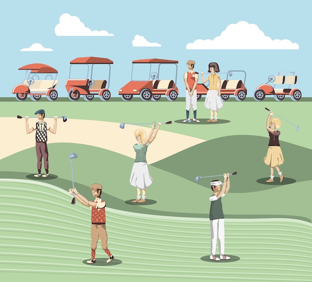 Vector jugadores de golf personas en el curso