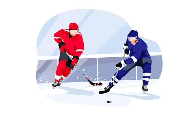 Vector los jugadores de hockey con uniforme rojo y azul están practicando y haciendo ejercicio para convertirse en mejores deportistas concepto de juego y desarrollo físico ilustración gráfica vectorial