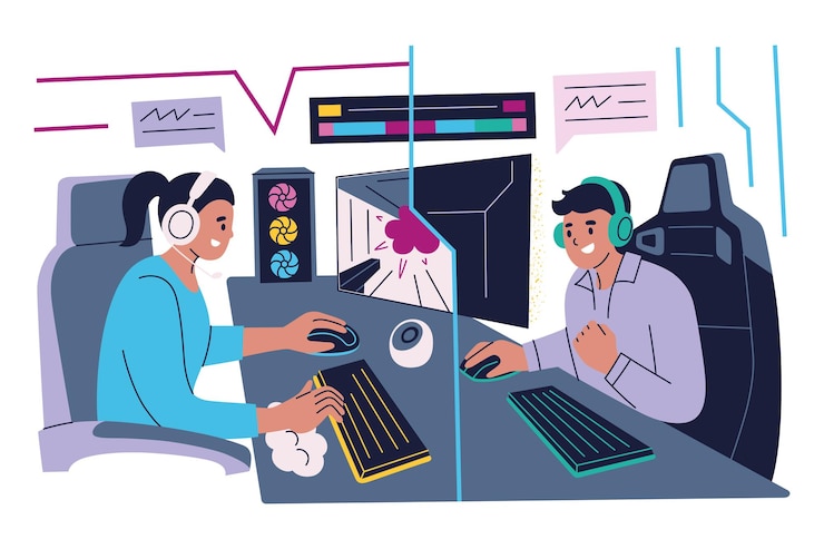 Vector jugadores jugando videojuegos juntos con auriculares y pcs hombre y mujer comunicacióng diversión en línea
