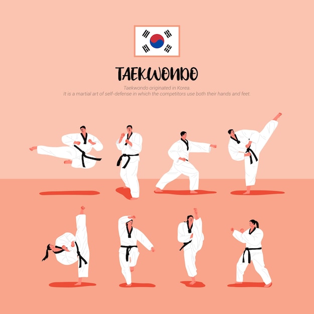 Vector jugadores de taekwondo con uniformes de taekwondo