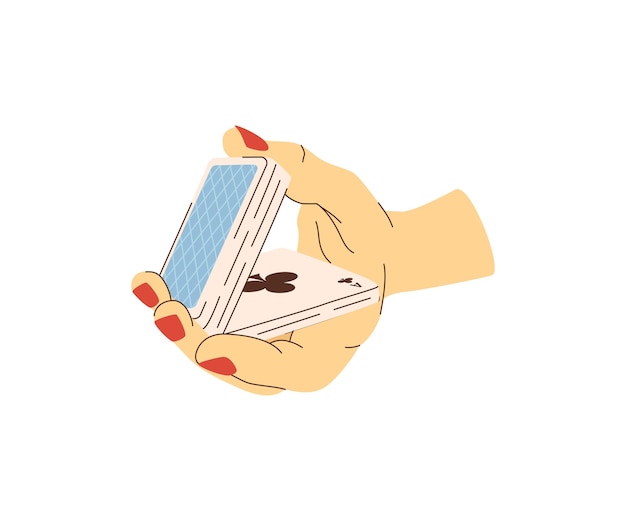 Jugando a las cartas en las manos con uñas rojas ilustración plana Barajar croupier en el casino Ilustración vectorial