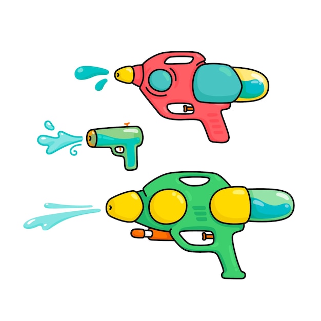 jugando pistola de agua en el festival de songkran tailandia vacaciones kawaii doodle ilustración vectorial plana