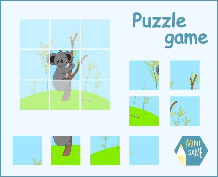 Vector jugando rompecabezas con una imagen con koala en un estilo de dibujos animados.
