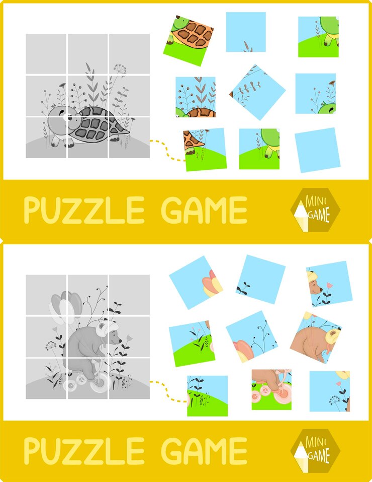 Vector jugando rompecabezas con una imagen con tortuga y oso en un estilo de dibujos animados.
