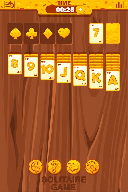 Jugar a la interfaz de usuario del juego de solitario en los botones temáticos de Cheese para su desarrollo de juegos Solitaire Juego de pantalla Mesa de madera o fondo
