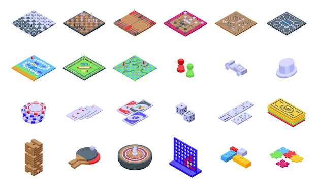 Jugar juegos de mesa iconos conjunto vector isométrico Jugar cartas Juego familiar