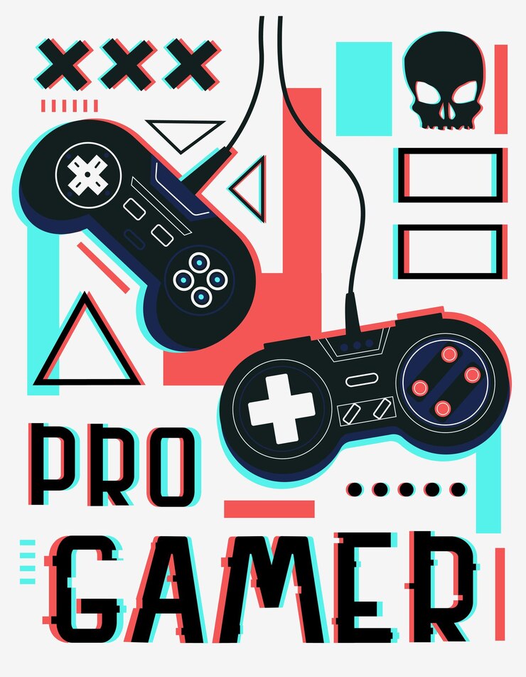 Vector jugar póster de videojuegos concepto de jugador profesional joysticks con cable y formas cuadradas geométricas abstractas banner de estilo plano con efecto de falla decorativa y elementos de arte de graffiti gamepad vectorial