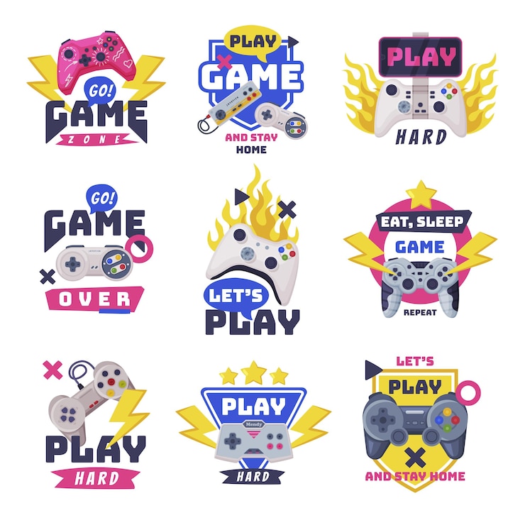 Vector jugar y quedarse en casa diseño de logotipo conjunto comer dormir logos de juego impresión de diseño ilustración vectorial