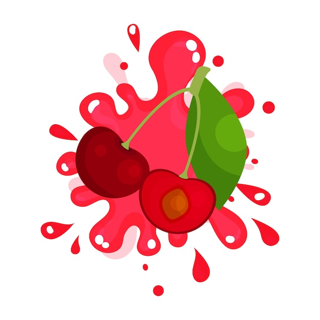 Jugo de cerezas maduras salpicaduras, coloridas bayas jugosas frescas vector ilustración aislada sobre fondo blanco
