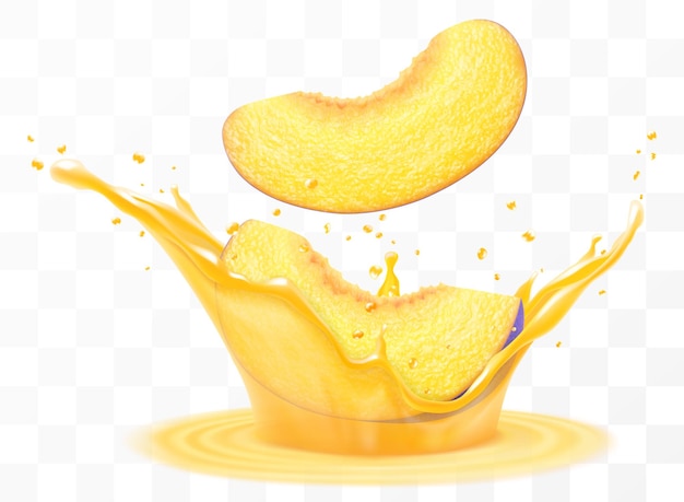 Jugo de ciruela Las rebanadas frescas de ciruelas maduras caen en una salpicadura de jugo aislado sobre un fondo transparente