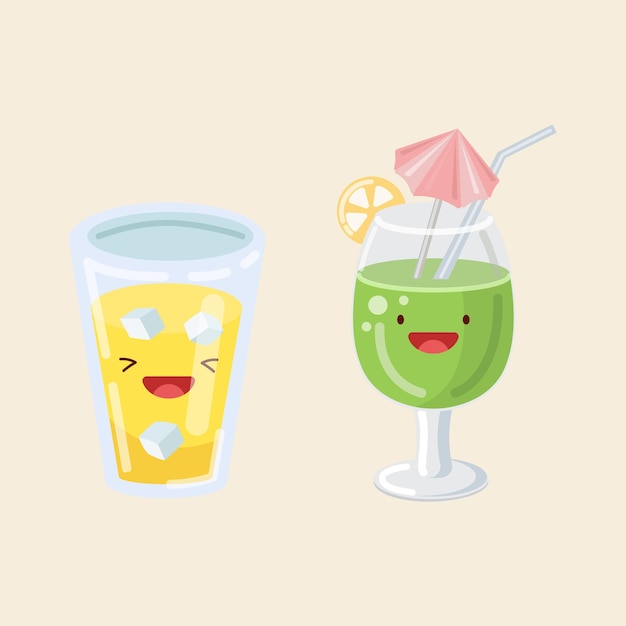 Jugo de cóctel con hielo, ilustración linda de icono, logotipos de dibujos animados de Sticker kawaii, concepto de bebida