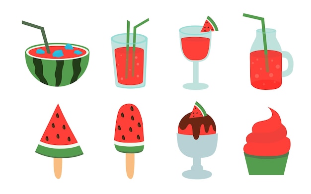 Jugo de cóctel de sandía y helado Conjunto vectorial Ilustración de colección plana