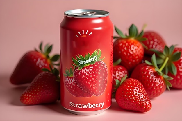 jugo de fresa o lata de refresco con fresa en el fondo Ilustración 3D