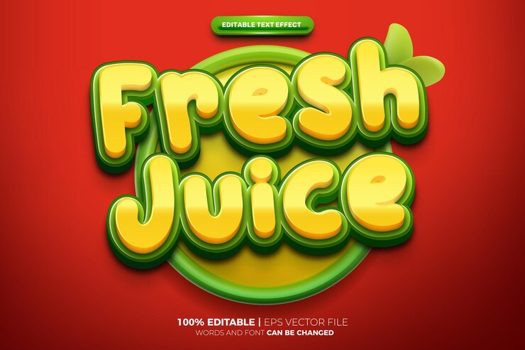 Vector jugo fresco frutas verdes amarillas estilo de efecto de texto editable en 3d
