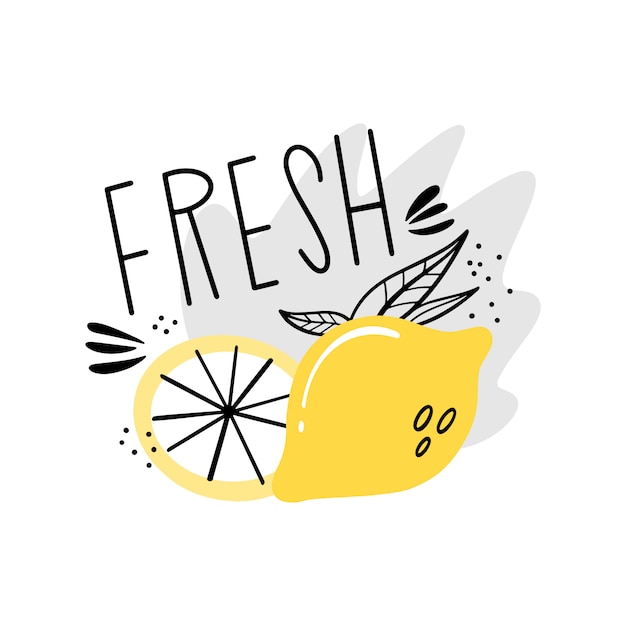 Jugo fresco, limonada. Plantilla de etiqueta de vector para bebida. Jugoso limón al estilo de Doodle, plano.