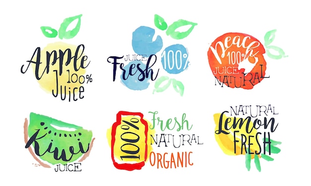 Jugo fresco natural etiquetas brillantes conjunto eco bio alimentos saludables manzana limón kiwi melocotón jugos acuarela