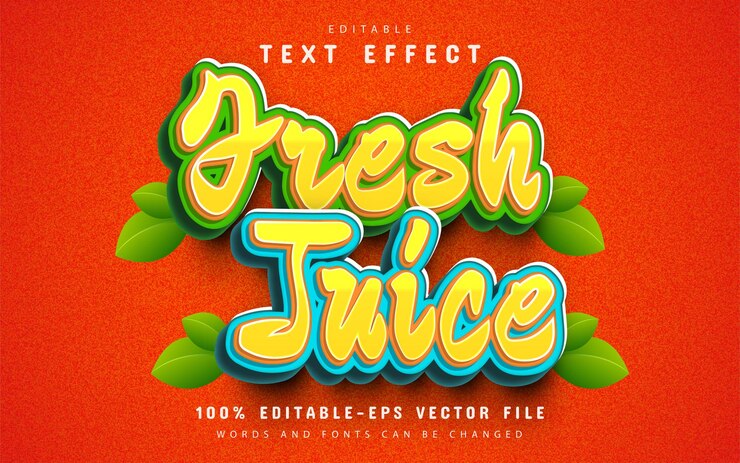 Vector jugo de fruta fresca efecto de texto 3d editable
