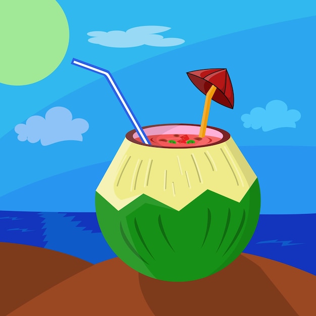 Jugo de fruta vectorial con tazón de fruta de coco adecuado para portadas de libros, volantes, camisetas, etc.