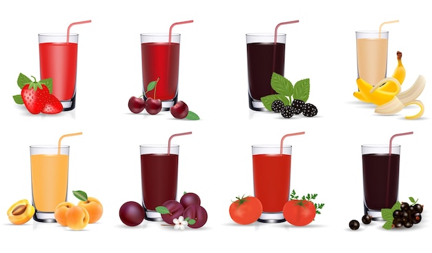 Jugo de frutas y verduras frescas en vaso Conjunto de iconos vectoriales Eps 10