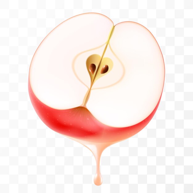Jugo de manzana goteando de manzana recién cortada aislada en una ilustración de fondo transparente