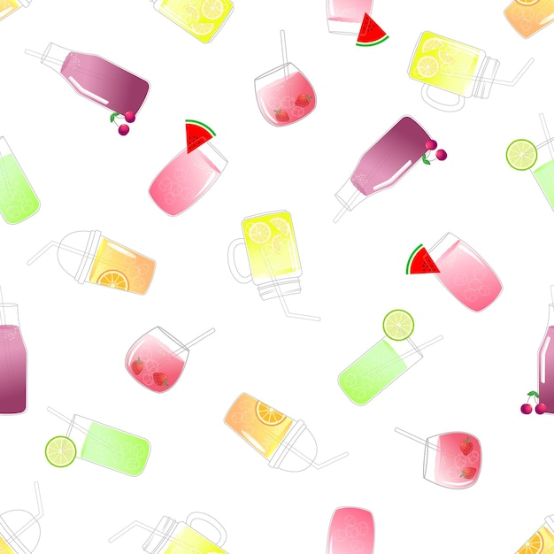 Jugo multicolor abstracto de varias frutas en diferentes tazas o vasos con un patrón sin costuras