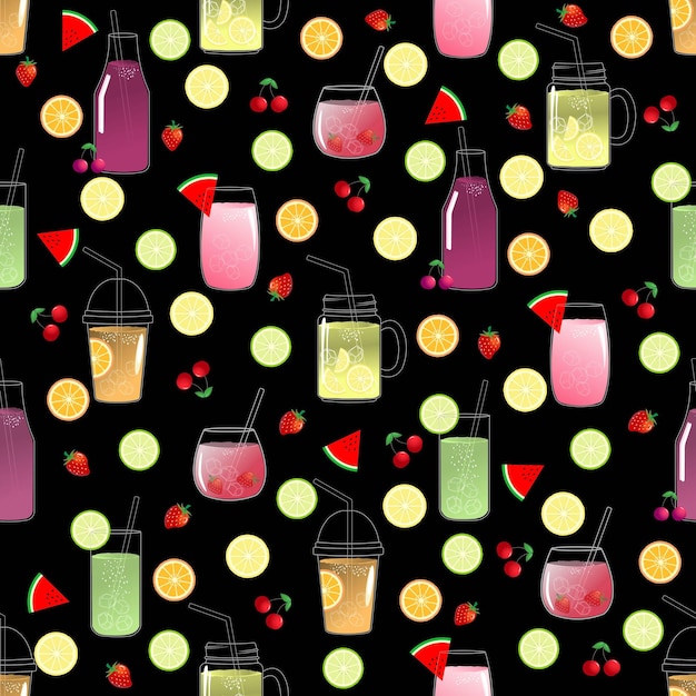Jugo multicolor abstracto de varias frutas en diferentes tazas o vasos con un patrón sin costuras