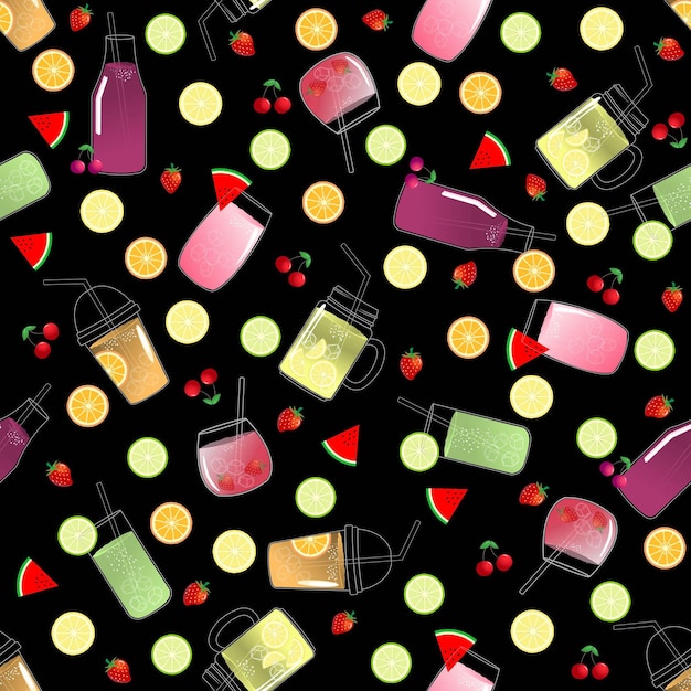 Jugo multicolor abstracto de varias frutas en diferentes tazas o vasos con un patrón sin costuras