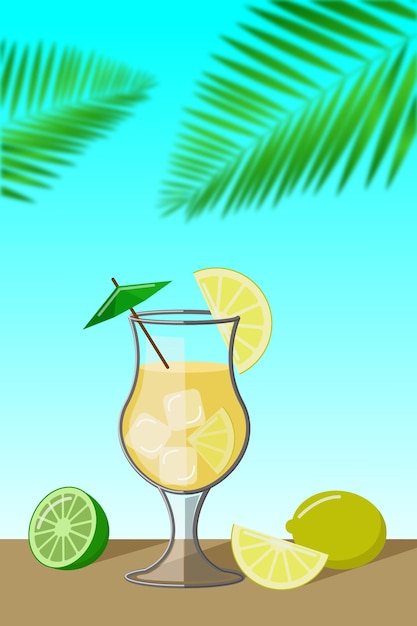 Jugo de naranja en un fondo de palmera ilustración de vector de dibujos animados plana