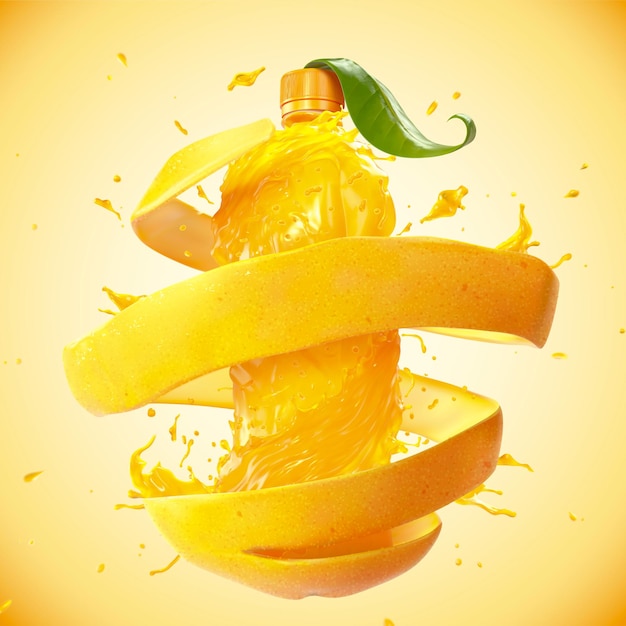 Jugo de naranja en forma de botella con cáscara de remolino en la ilustración 3d