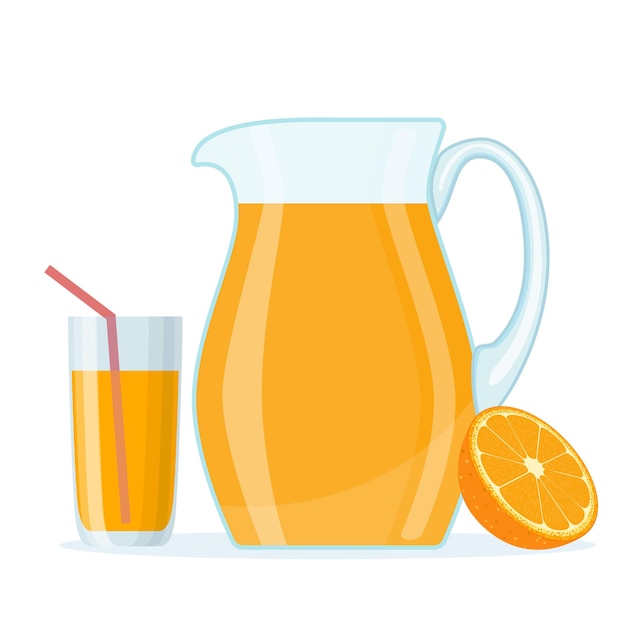 Vector jugo de naranja en jarra de vidrio y media rodaja de naranja.