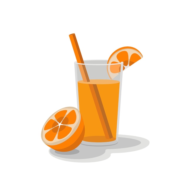 Jugo de naranja en un vaso con una naranja sobre un fondo blanco