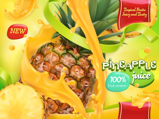 Jugo de piña. frutas tropicales dulces. vector realista 3d, diseño de paquete