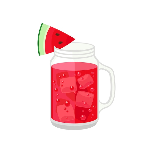 Jugo rojo en un frasco de vidrio con cubitos de hielo decorado con un pequeño trozo triangular de sandía ilustración vectorial sobre fondo blanco