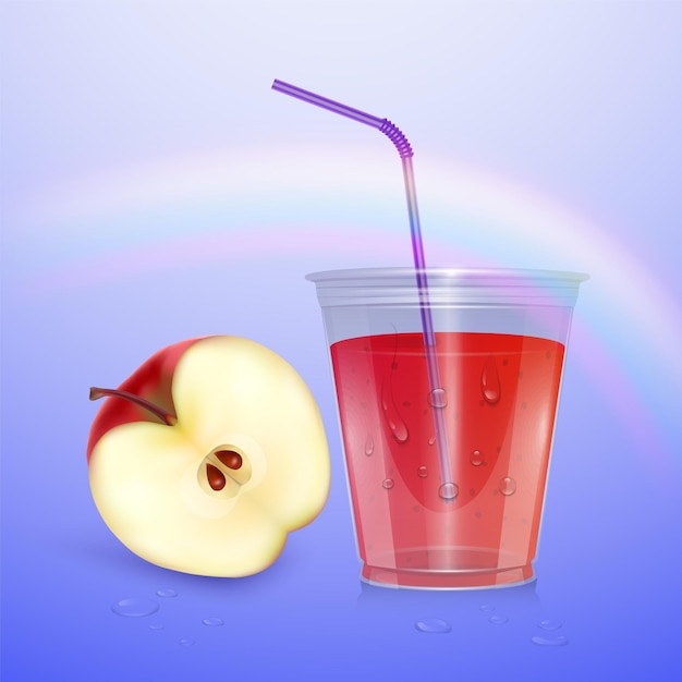 Vector jugo, taza de batido, ilustración 3d. vaso de plástico realista con jugo de manzana