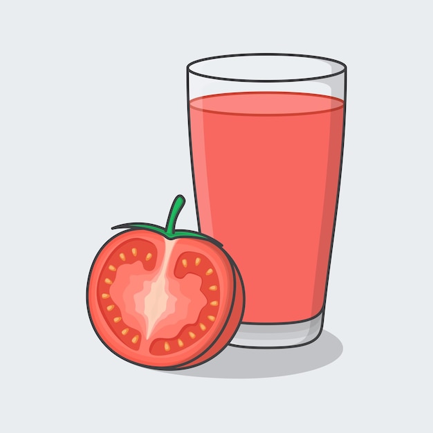 Vector jugo de tomate con fruta en ilustración vectorial de dibujos animados de vidrio contorno de icono plano de jugo de tomate