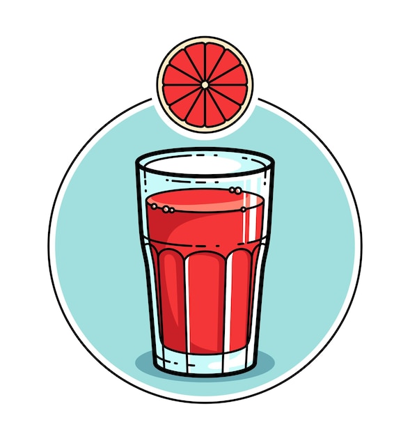 Jugo de toronja en un vaso aislado en ilustración de vector de fondo blanco, logotipo de estilo de dibujos animados o insignia para jugo fresco puro, bebida de comida dietética deliciosa y saludable.