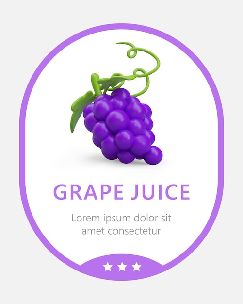 Vector jugo de uva etiqueta para producto natural bonito racimo 3d de uvas azules