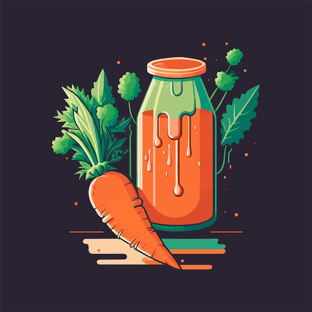 Jugo de zanahoria naranja fresco en botella ilustración de vector de rodajas de zanahoria de vidrio para logotipo o póster